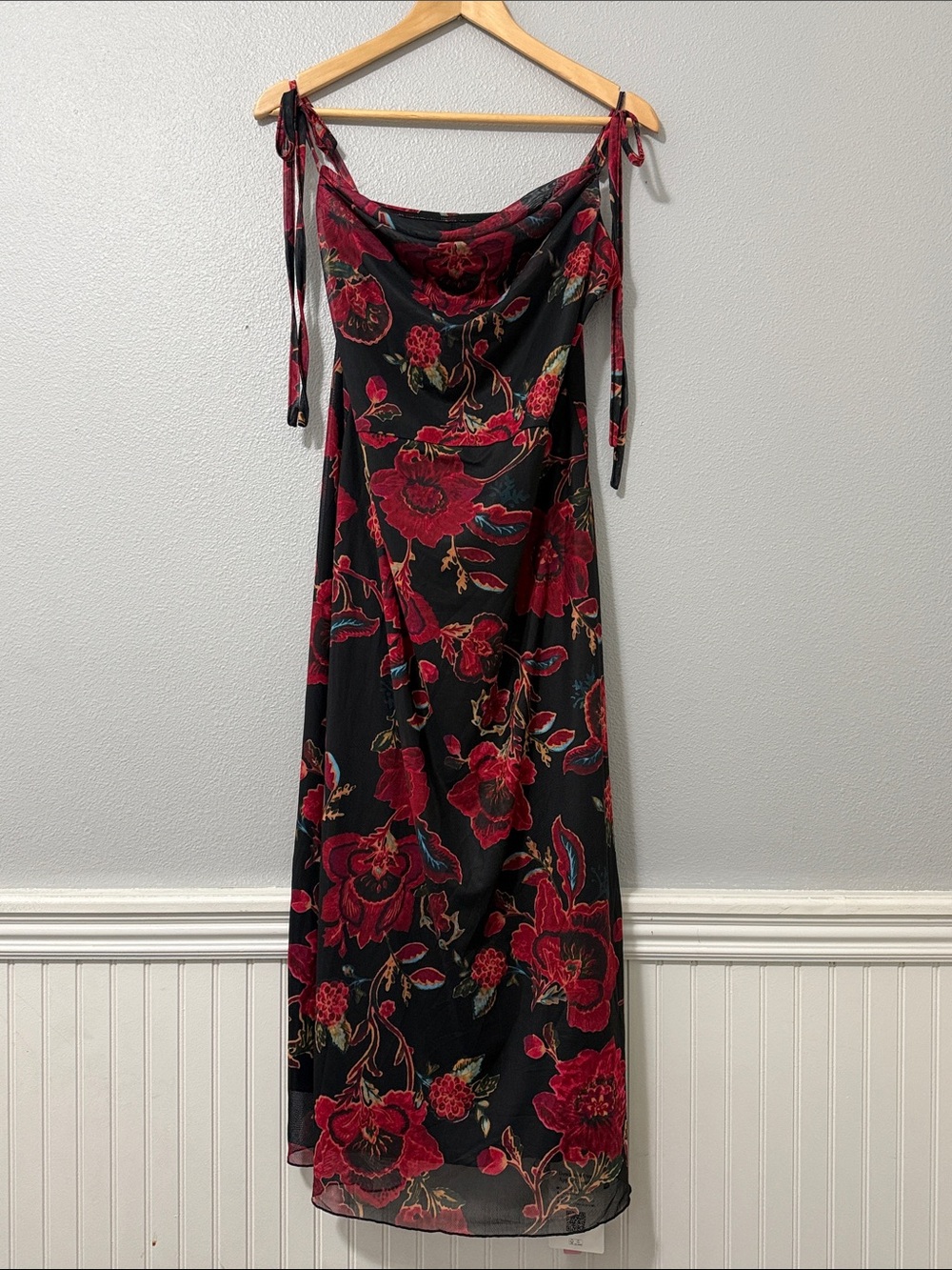 Cider Black Midi Slip Dress with Red Floral Print - Picture 2 of 5